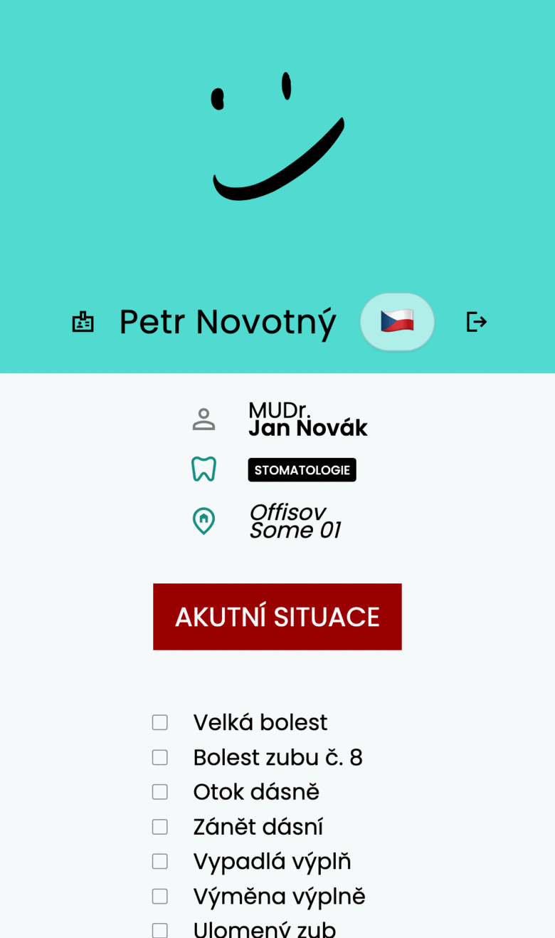 Obrazovka pacienta: výběr potíží a délka termínu 40 minut