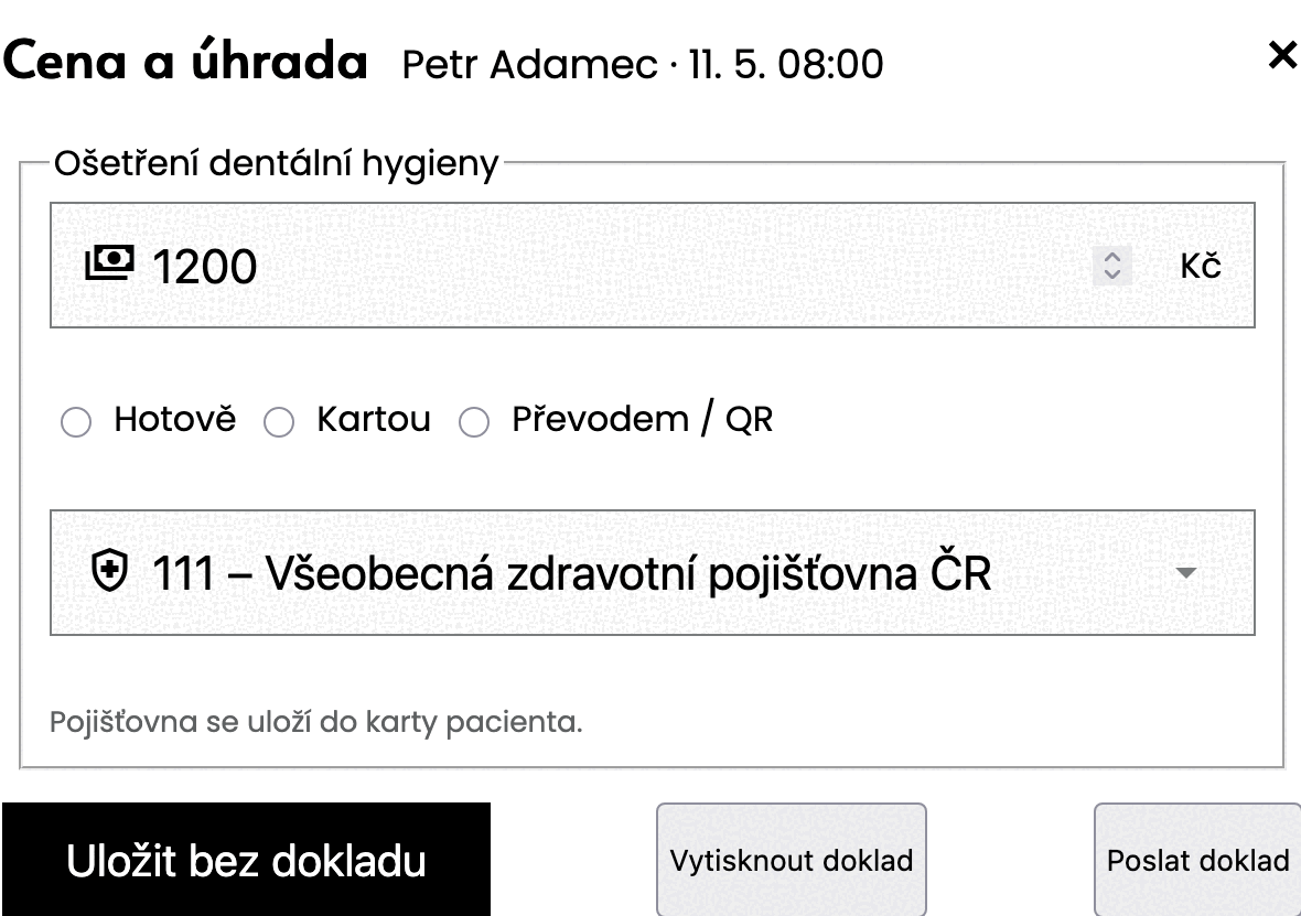 Obrazovka hygienistky: Cena a úhrada ošetření s pojišťovnou pacienta a tlačítkem pro doklad