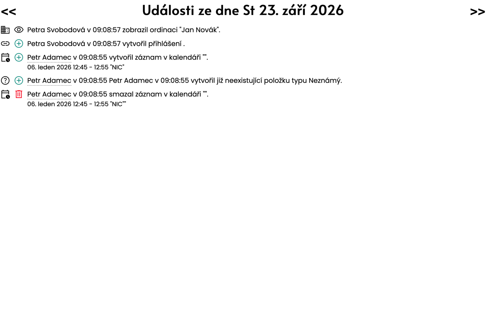 Obrazovka lékaře: historie změn termínu s časy a odeslanými SMS