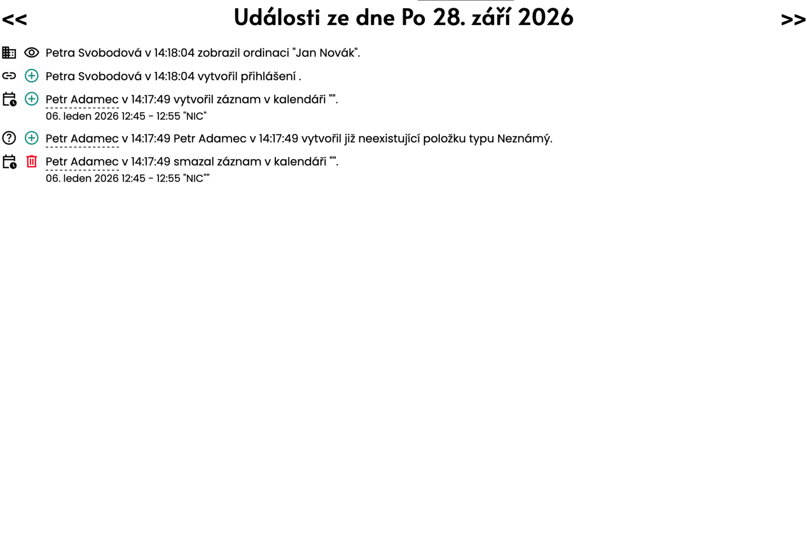 Obrazovka lékaře: historie změn termínu s časy a odeslanými SMS