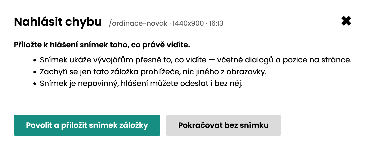 Obrazovka sestry: hlášení chyby se snímkem obrazovky