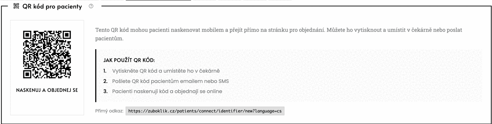 Obrazovka sestry: odkaz na objednání a QR kód k vytištění