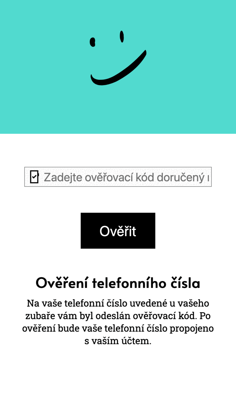 Obrazovka pacienta: zadání ověřovacího kódu z SMS