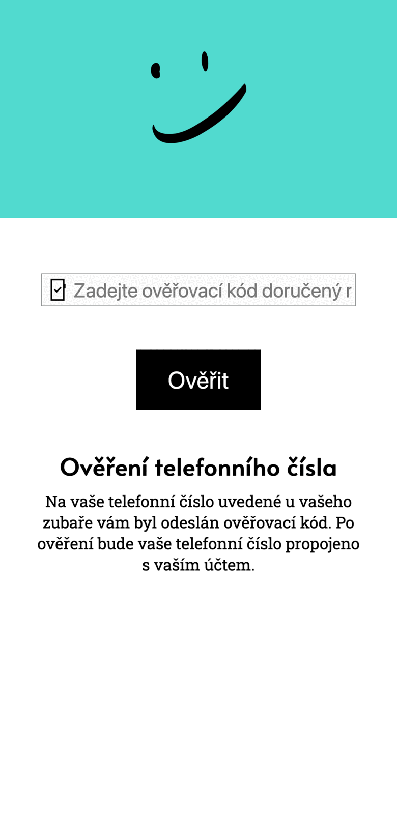 Obrazovka pacienta: zadání ověřovacího kódu z SMS