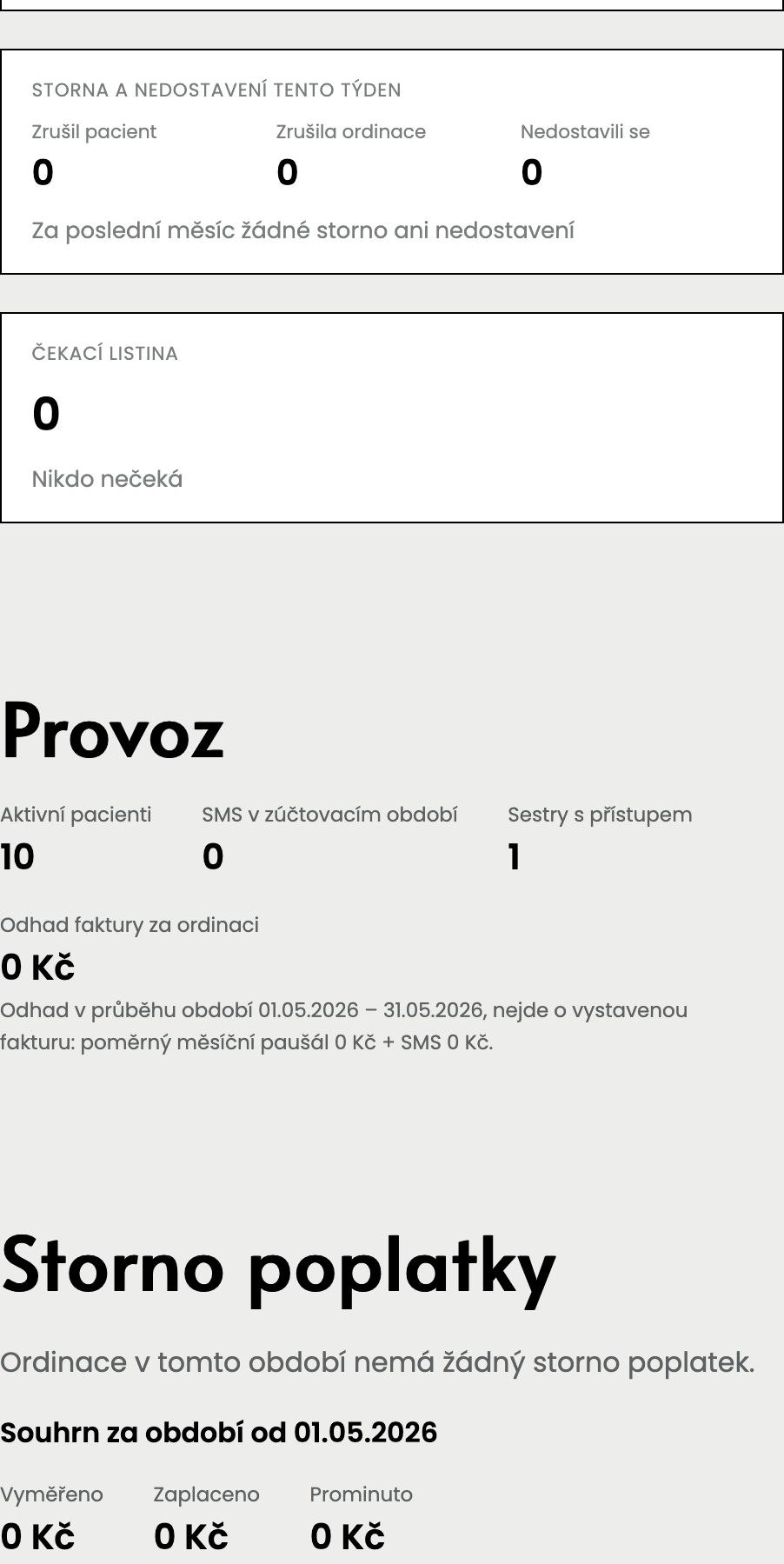 Obrazovka lékaře: přehled poplatků ordinace za zvolené období