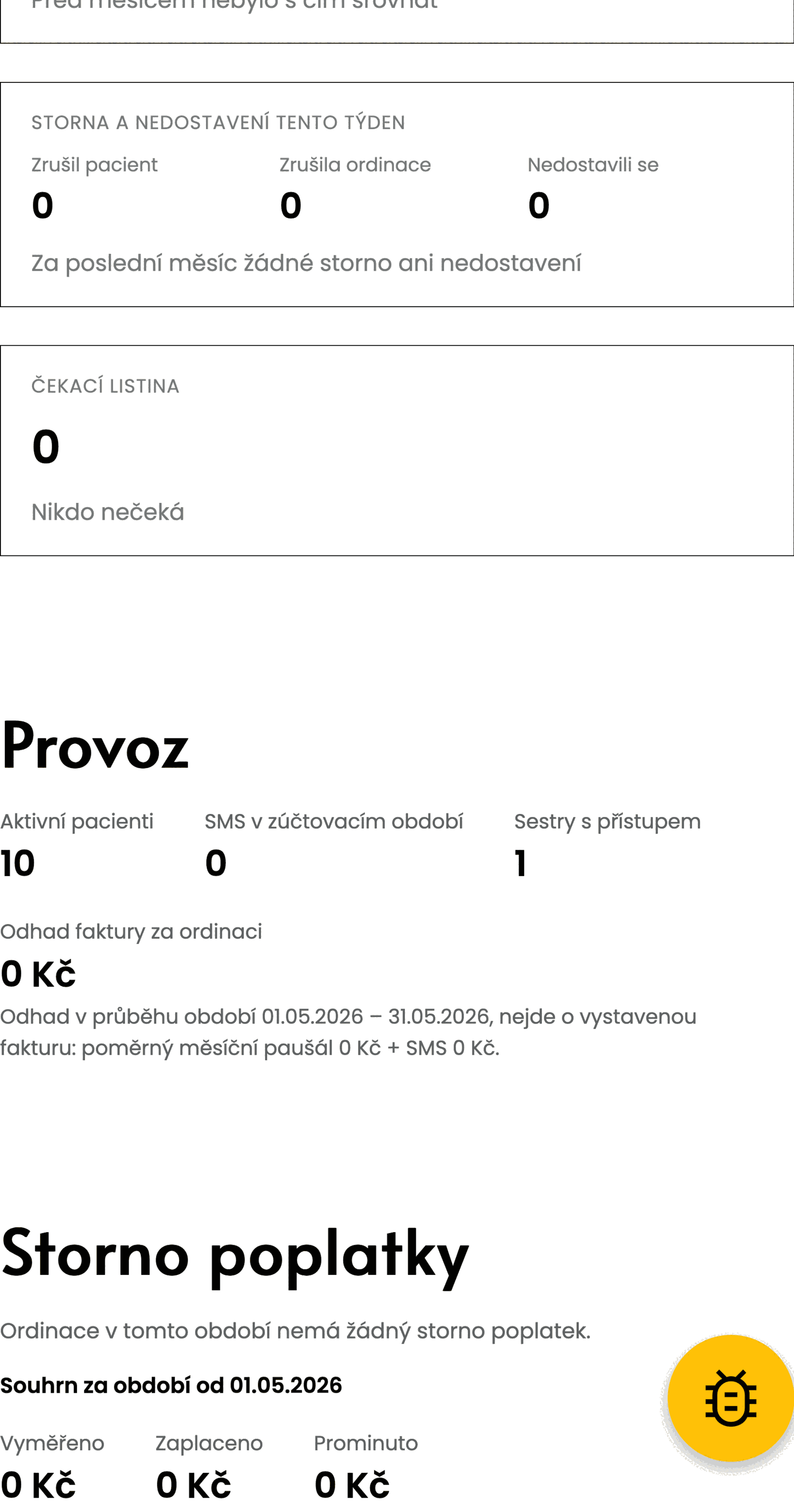 Obrazovka lékaře: přehled poplatků ordinace za zvolené období