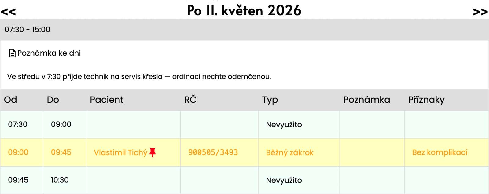 Obrazovka sestry: poznámka ke dni v kalendáři ordinace