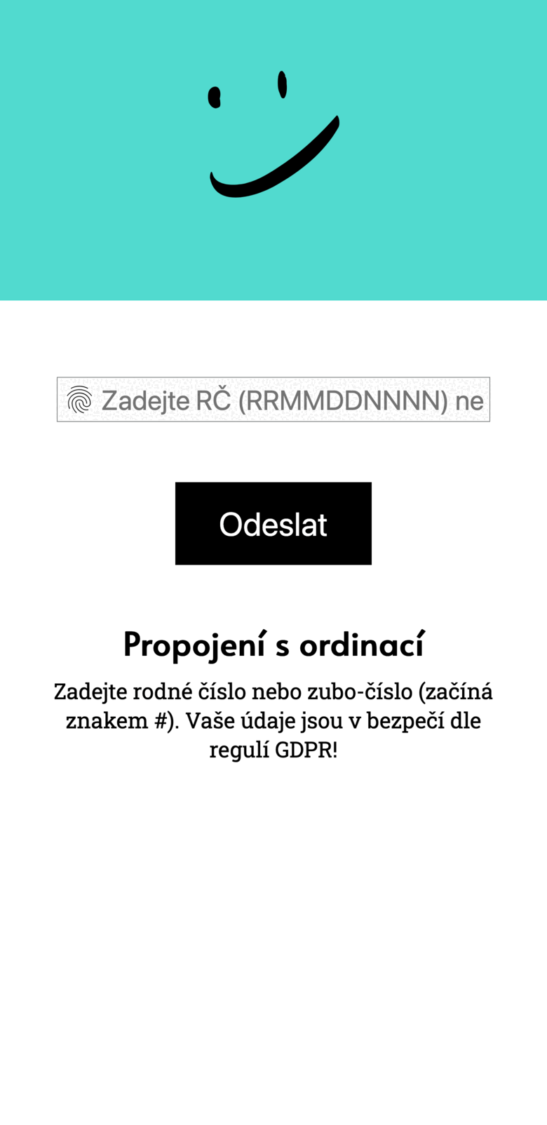 Obrazovka pacienta: přihlášení PINem a otiskem prstu