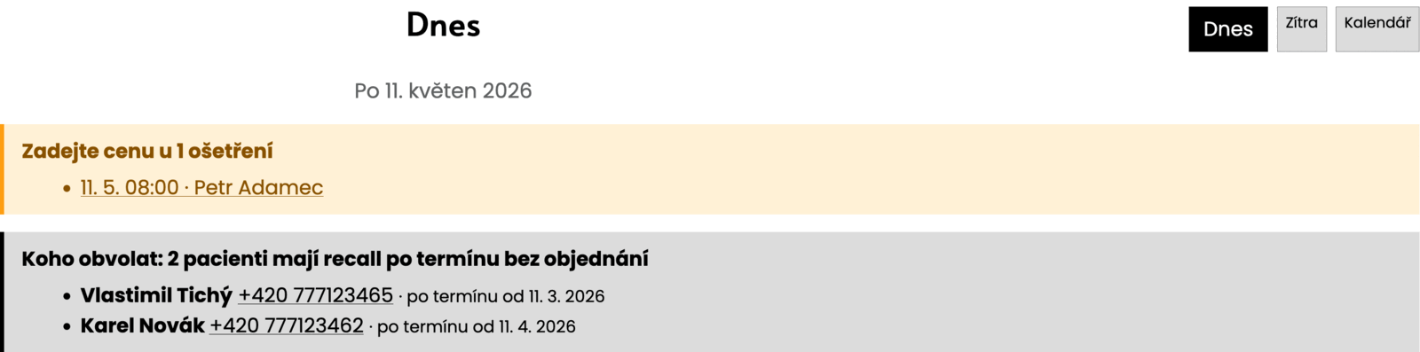Obrazovka hygienistky: seznam Koho obvolat s pacienty, kterým propadl recall