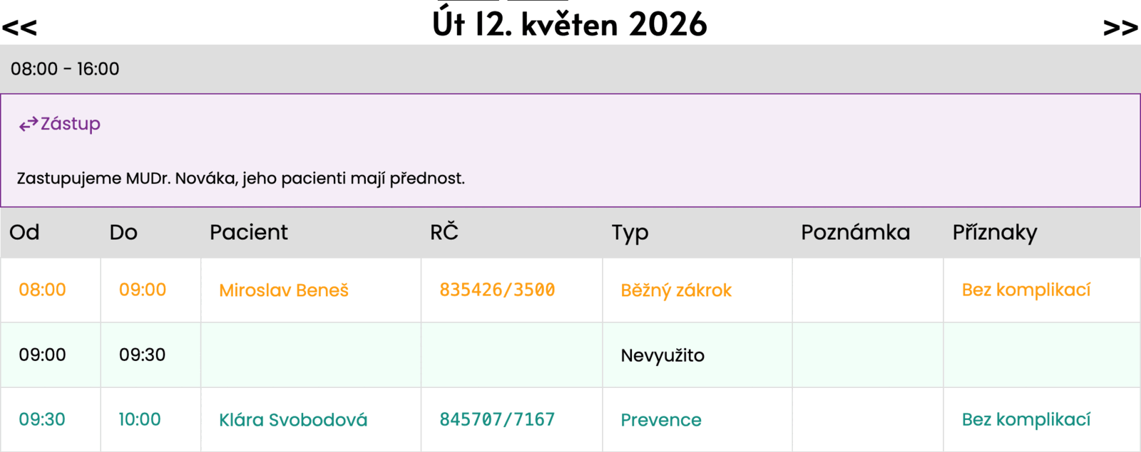 Obrazovka lékaře: označený den zástupu v kalendáři ordinace