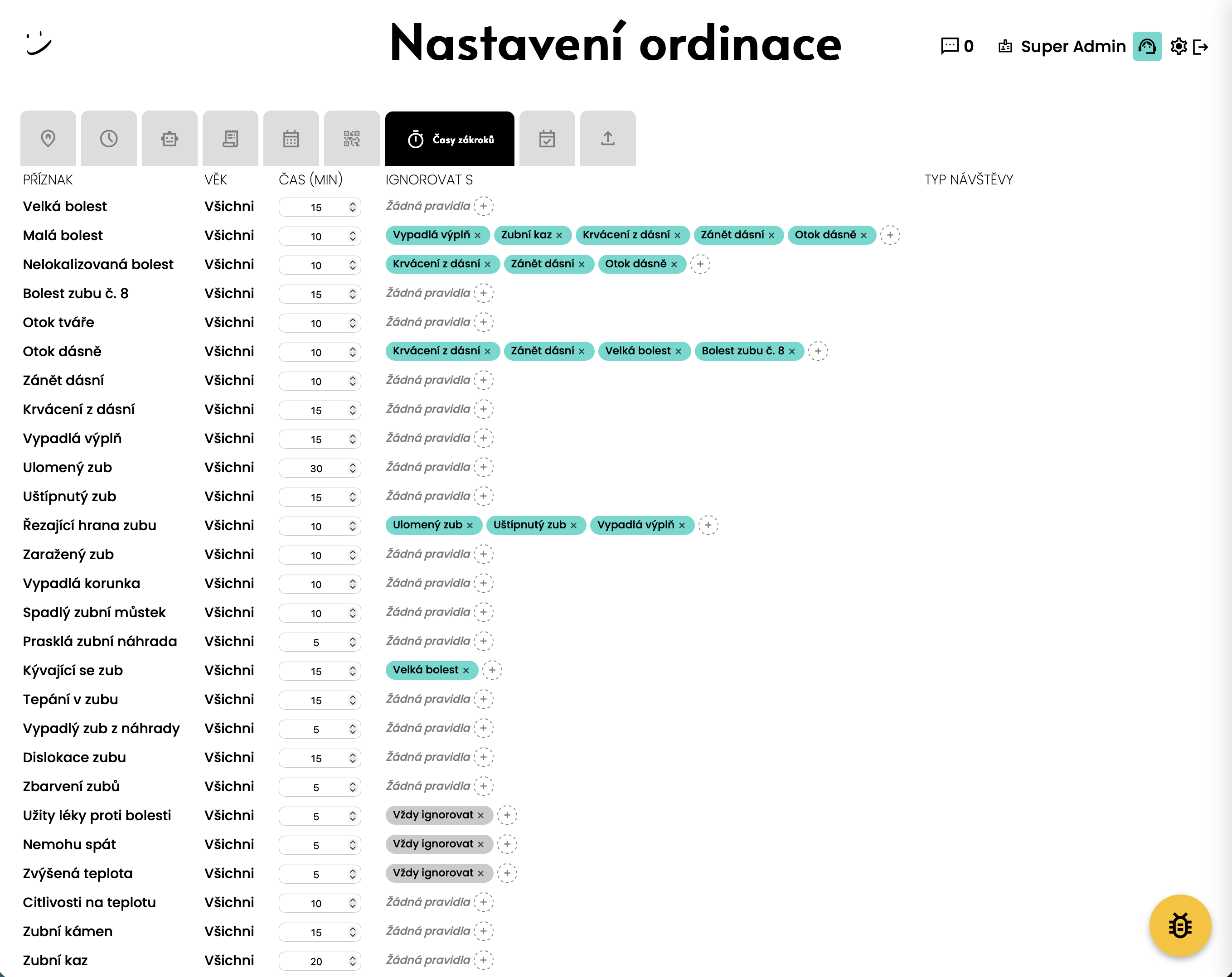 Nastavení časování symptomů